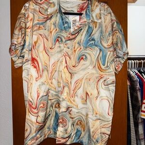 NWT 12th Tribe Swirl Pattern Satin Shirt - Red, Blue, Cream